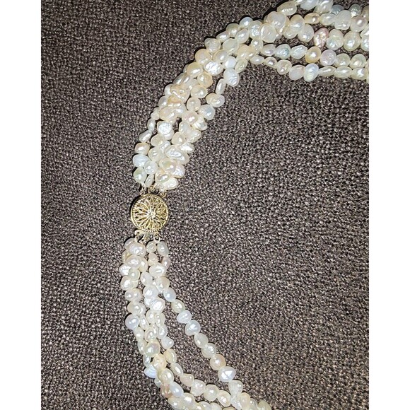 Luxury 5 Strand Pearl Necklace 30 IN & stamped 14k gold filigree clasps VTG Lux - Picture 10 of 15